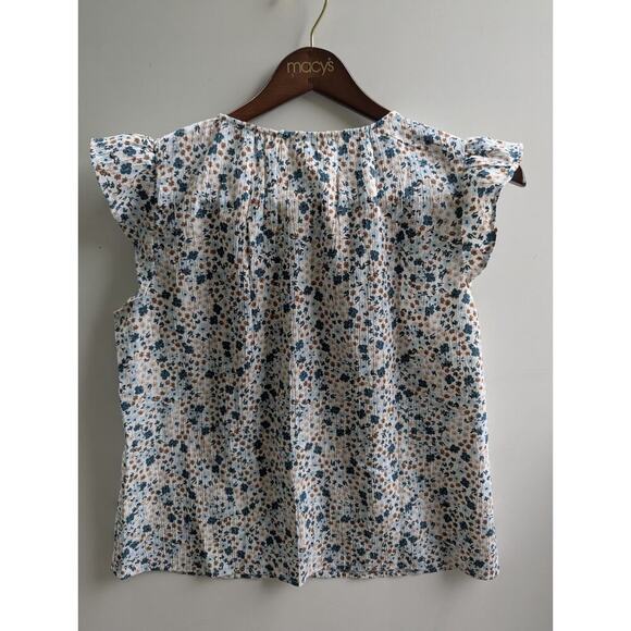 Loft Blouse Top Women MediumBlue‎ Floral Sleeveless Ruffle Trim V Neck Button Up - Picture 7 of 7